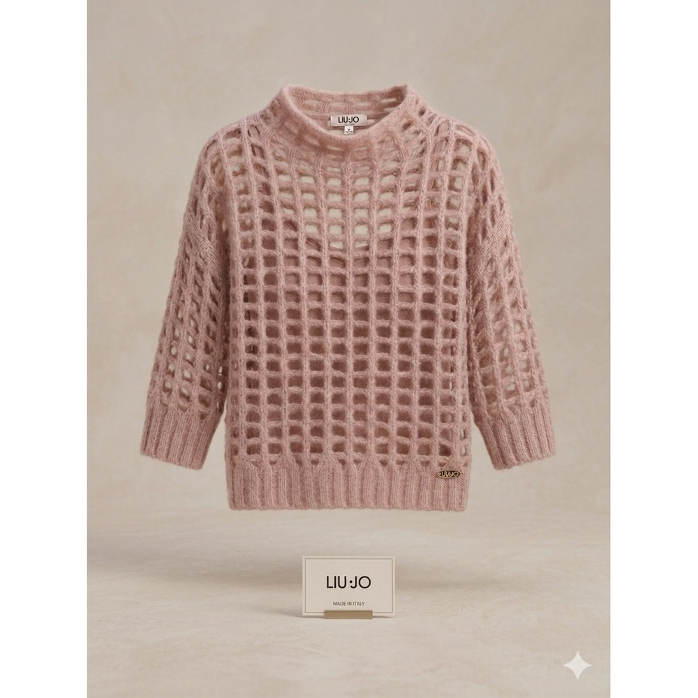 Liu Jo Sweater Women Medium Pink Open Knit Crochet Mock Neck Mohair Blend Italy